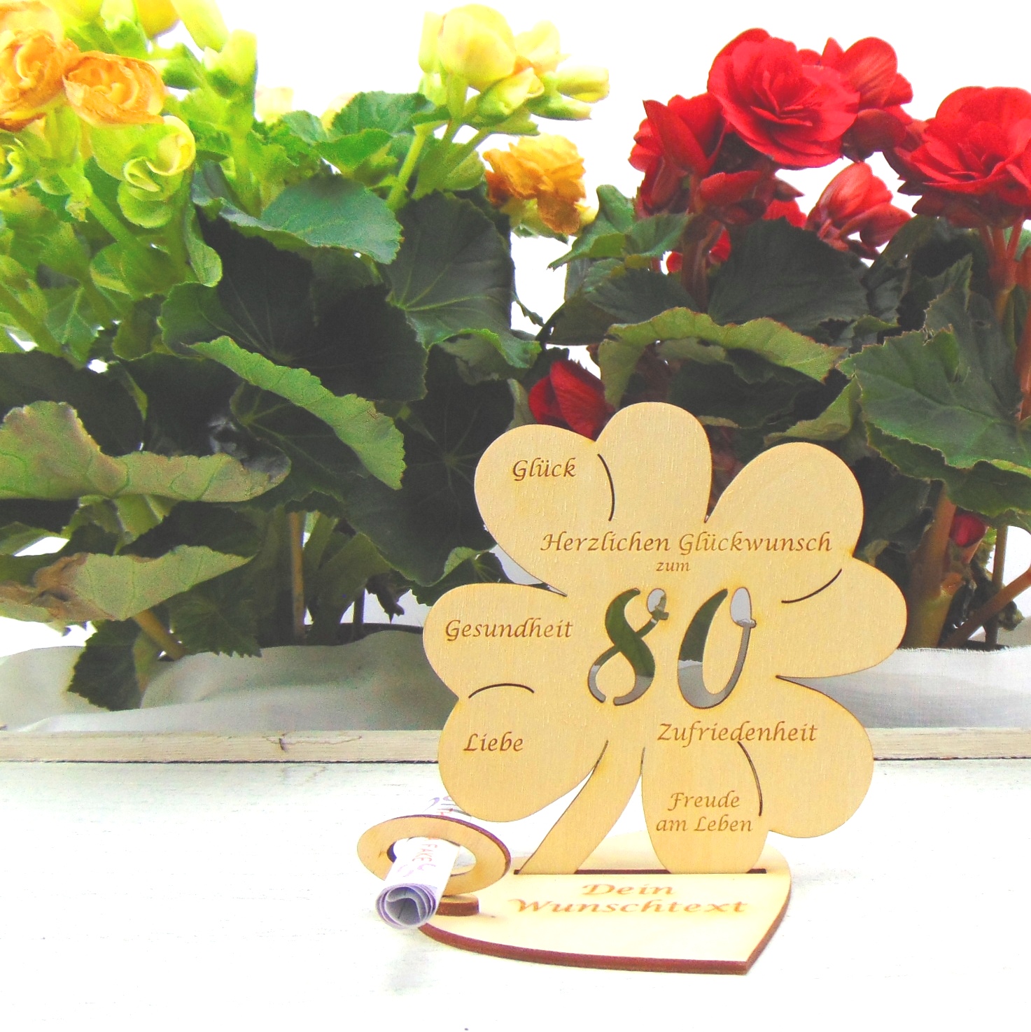 Geldgeschenk zum 80. Geburtstag, Kleeblatt 11,7 cm / mit Gravur