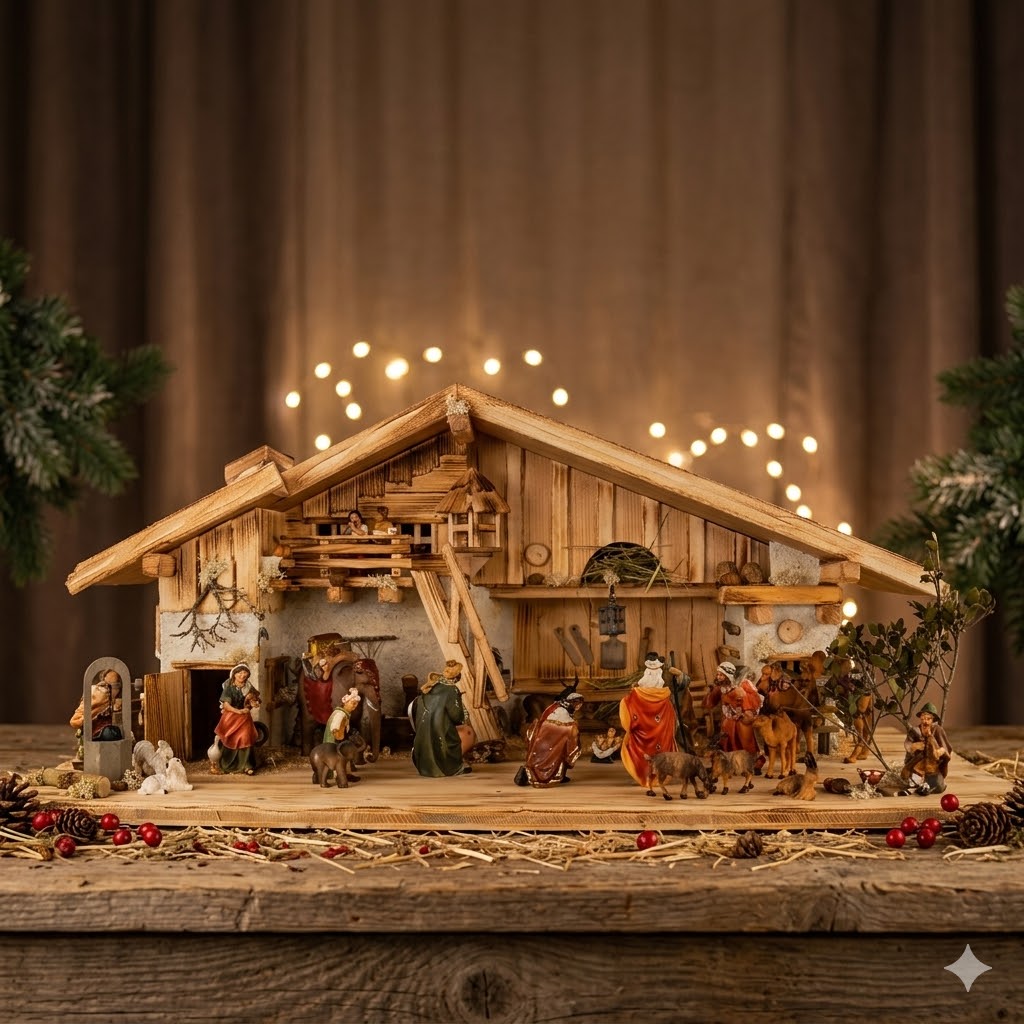 krippenursel | Stimmungsvolle Weihnachtskrippe Gotthard hell inkl. 24-tlg. Figurensatz K 002, Maße Krippe: ca. 90 x 40 x 40 cm