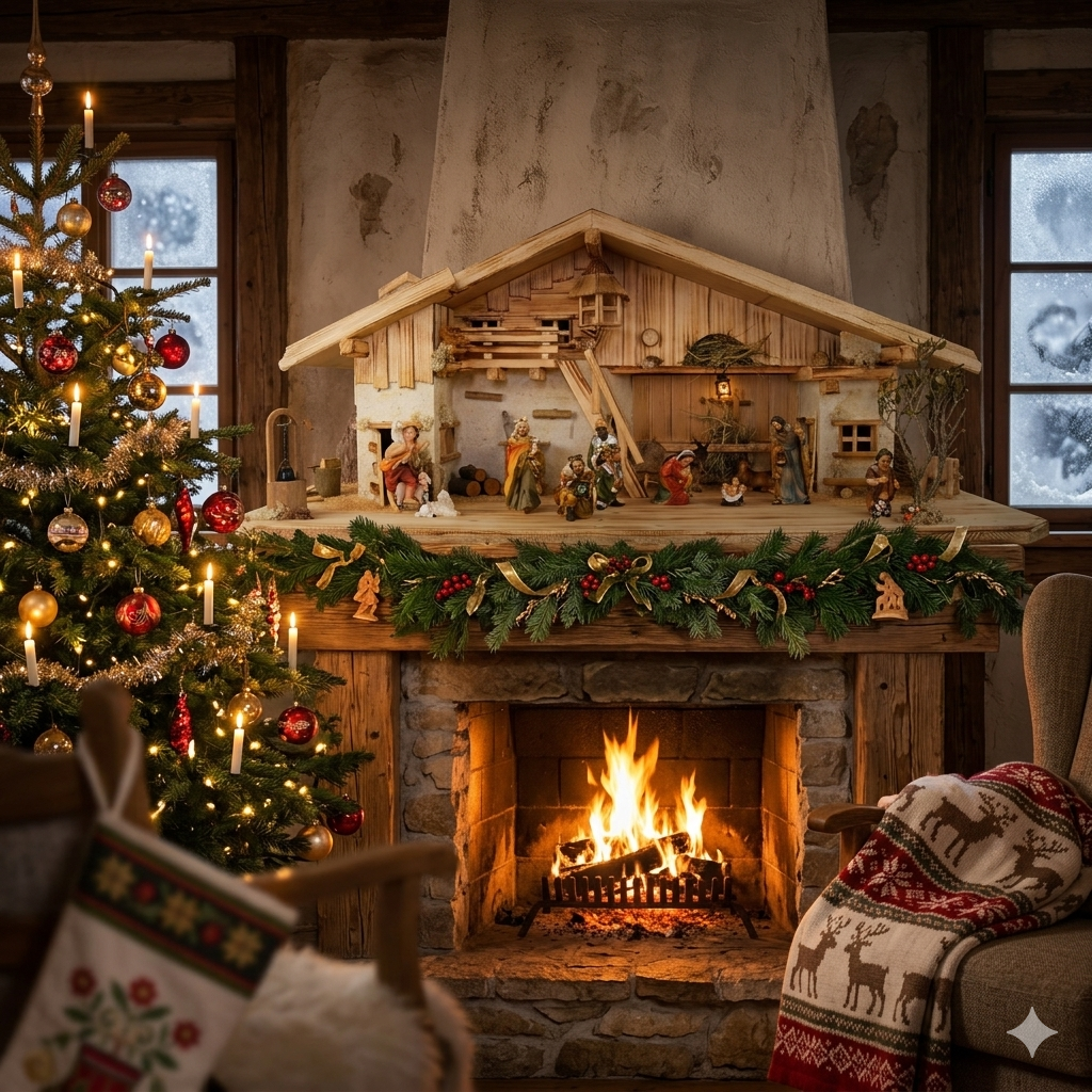 krippenursel | Stimmungsvolle, handgefertigte Weihnachtskrippe Gotthard aus Holz hell inkl. 12-tlg. handbemaltem Figurensatz K 001, Maße Krippe: ca. 90 x 40 x 40 cm