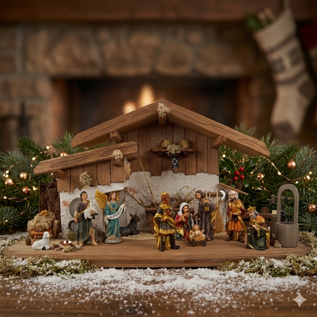 krippenursel | Bezaubernde Weihnachtskrippe Hartmannshof inkl. 11-tlg. Figurensatz K 604, Maße Krippe: ca. 60 x 24 x 30 cm
