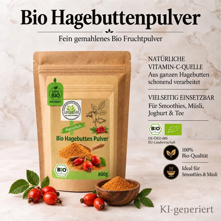 Linecase Bio | Bio Hagenbutten Pulver fein gemahlen| 100% Bio Qualität| Vitamin C Pulver 800g