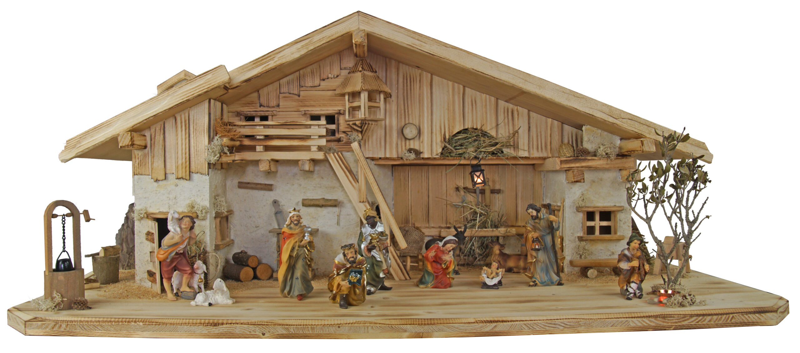 krippenursel | Stimmungsvolle, handgefertigte Weihnachtskrippe Gotthard aus Holz hell inkl. 12-tlg. handbemaltem Figurensatz K 001, Maße Krippe: ca. 90 x 40 x 40 cm – Bild 2
