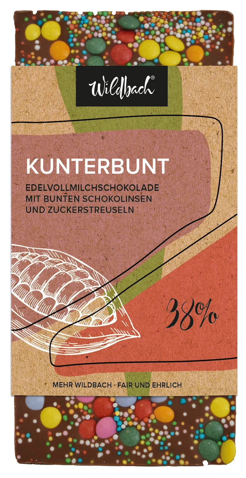 Wildbach | Kunterbunt Vollmilchschokolade 38% – 90g Tafel