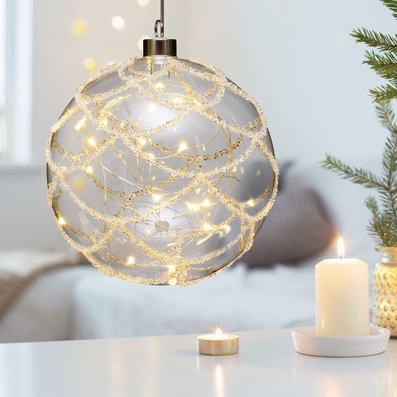 Biorausch | LED Glas Sphere Kugel mit Strass Steinen Silber 15 Cm - Timer + Fernbedienung