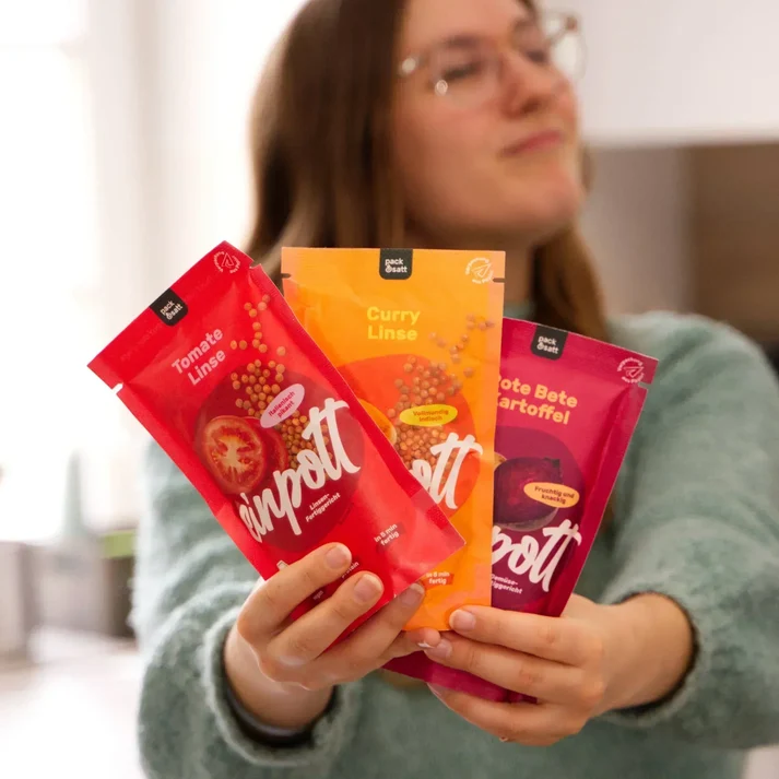 pack&satt einpott Super-Starter Bundle – 12 Beutel a 350g Tomate Linse / Curry Linse / Rote Bete Kartoffel