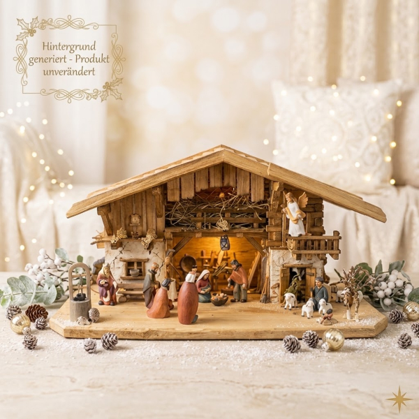 krippenursel | Festliche Weihnachtskrippe Aicha inkl. 15 tlg. Figurensatz ETA 2 - Maße Krippe ca. 69 x 29 x 34 cm