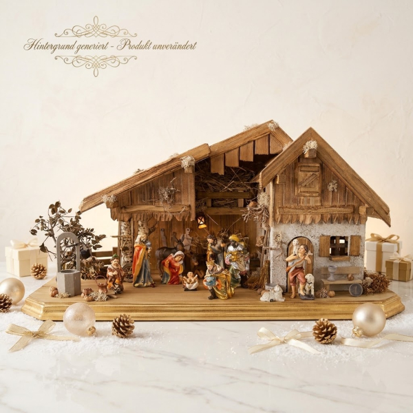 krippenursel | Festliche Weihnachtskrippe Großglockner inkl. 12-tlg. Figurensatz K 001, Maße Krippe: ca. 70 x 30 x 35 cm