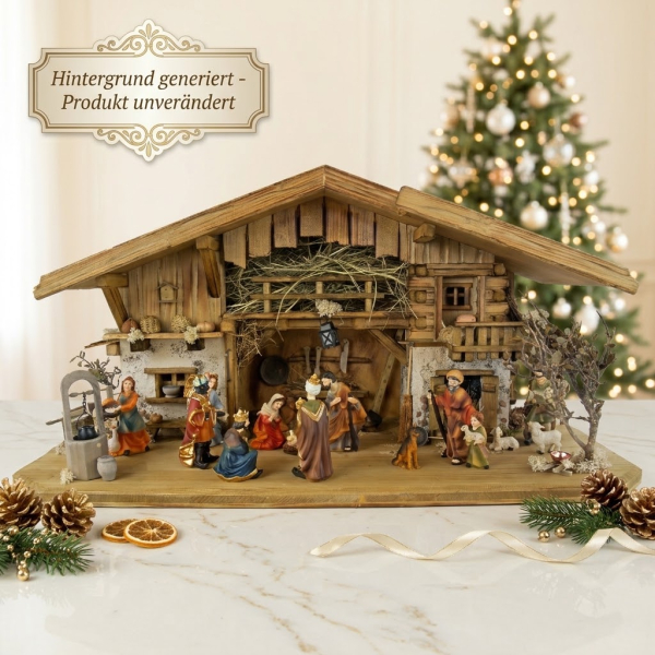 krippenursel | Festliche Weihnachtskrippe Aicha inkl. - 17 tlg. - Figurensatz ETA 1 - Maße Krippe ca. 69 x 29 x 34 cm