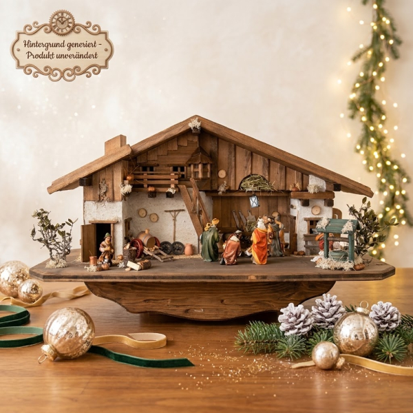 krippenursel | Stimmungsvolle Weihnachtskrippe Gotthard dunkel inkl. 12-tlg. Figurensatz K 001, Maße Krippe: ca. 90 x 40 x 40 cm