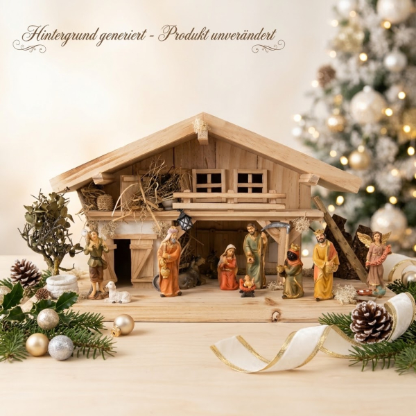 krippenursel | Traditionelle Weihnachtskrippe Roth inkl. 12-tlg. Figurensatz K 650-9, Maße Krippe: ca. 50 x 20 x 26 cm