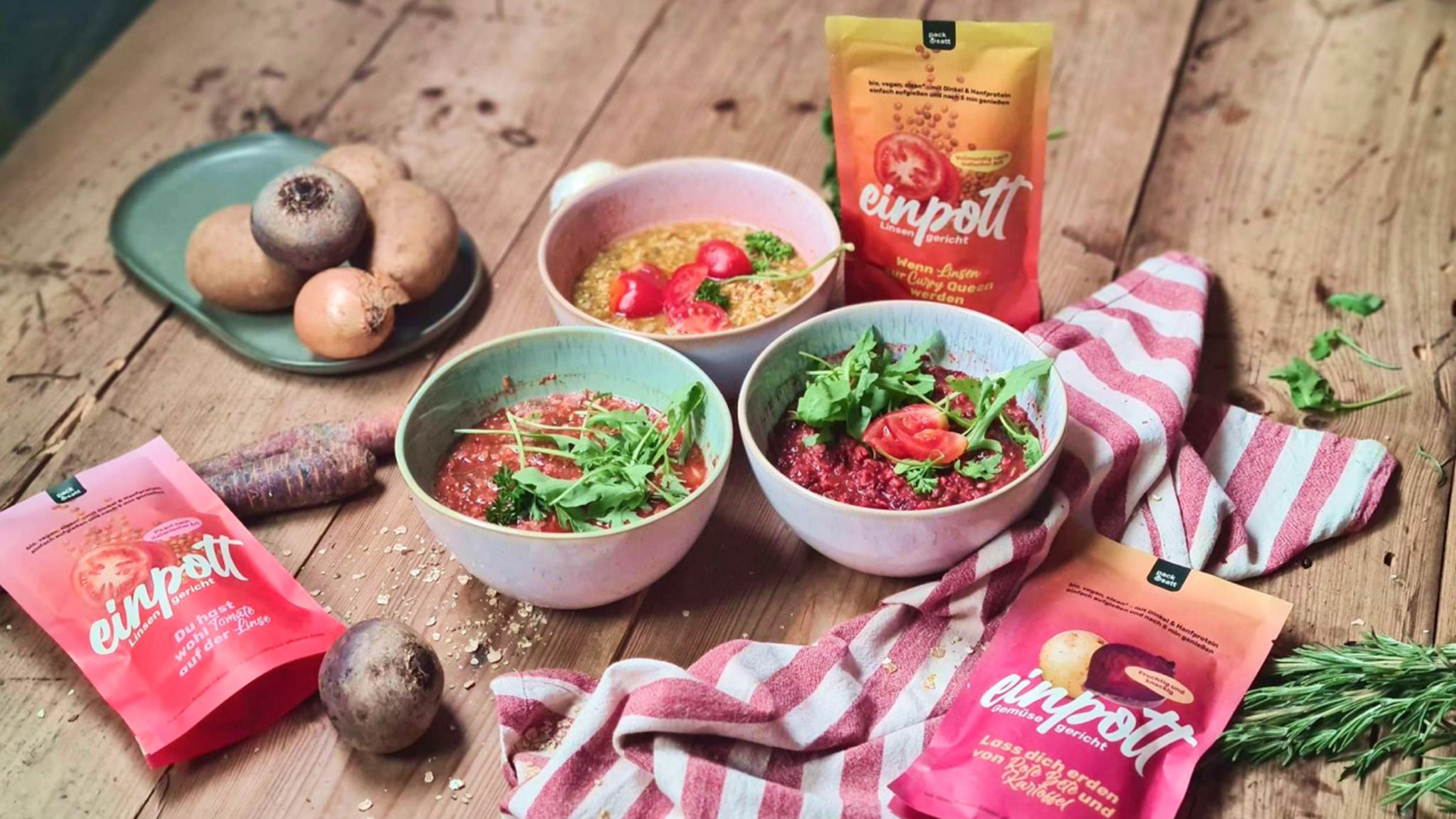pack&satt einpott Super-Starter Bundle – 12 Beutel a 350g Tomate Linse / Curry Linse / Rote Bete Kartoffel – Bild 2